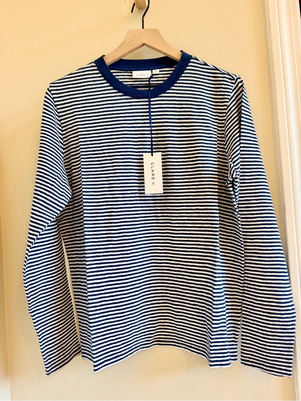 Clare V Long-Sleeve Tee in Navy/cream mini stripe NWT